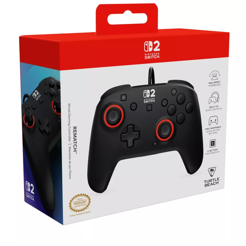 Juhtmega mängukontroller Turtle Beach Rematch Nintendo Switch 2 jaoks — USB‑C, 3 m kaabel, tagumine nupp, D‑pad, must