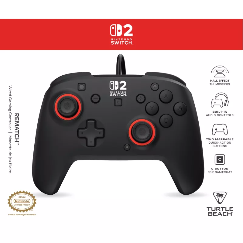 Juhtmega mängukontroller Turtle Beach Rematch Nintendo Switch 2 jaoks — USB‑C, 3 m kaabel, tagumine nupp, D‑pad, must