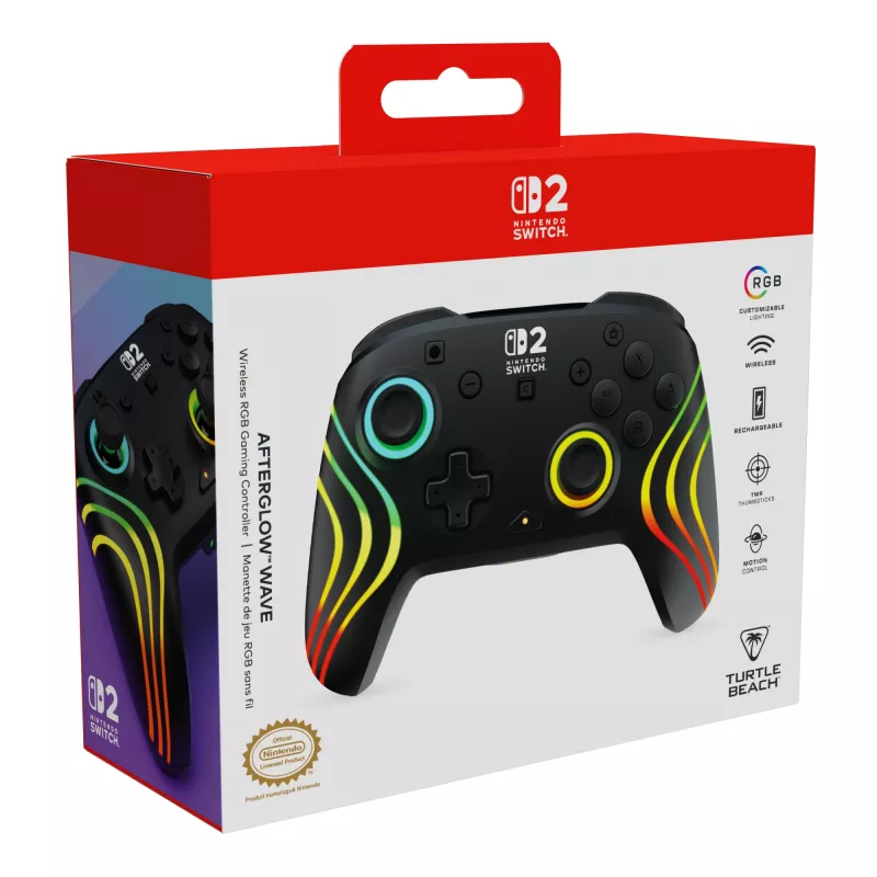 Juhtmeta RGB-mängukontroller Turtle Beach Afterglow Wave Must Nintendo Switch 2 jaoks — Bluetooth/USB-C, sisseehitatud aku 20 h, 3 m kaabel