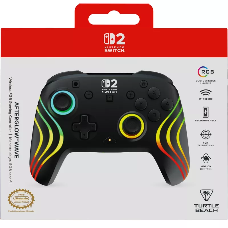Juhtmeta RGB-mängukontroller Turtle Beach Afterglow Wave Must Nintendo Switch 2 jaoks — Bluetooth/USB-C, sisseehitatud aku 20 h, 3 m kaabel
