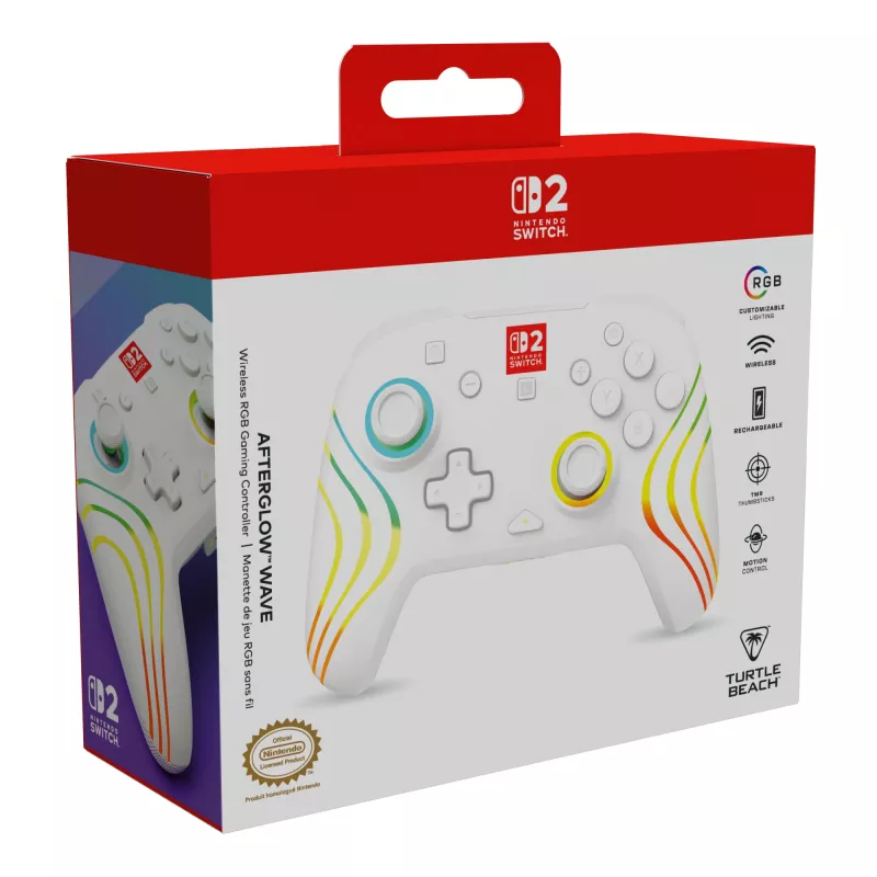 Juhtmevaba RGB-mängukontroller Turtle Beach Afterglow Wave Valge Nintendo Switch 2-le, Bluetooth/USB-C, sisseehitatud aku 20 h, 3 m kaabel