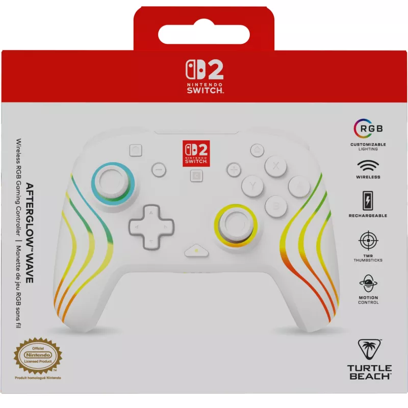 Juhtmevaba RGB-mängukontroller Turtle Beach Afterglow Wave Valge Nintendo Switch 2-le, Bluetooth/USB-C, sisseehitatud aku 20 h, 3 m kaabel
