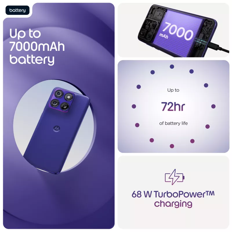 Nutitelefon Motorola edge 70 fusion — Snapdragon 7s Gen 3, 8 GB muutmälu, 256 GB, 6.78-tolline OLED, 50 MP topeltkaamera, 5G, Android 16, 5200 mAh, violetne