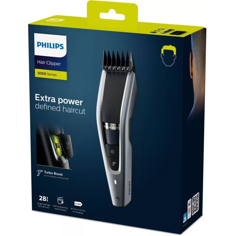 Juukselõikur Philips 5000 seeria HC5630/15 — juhtmeta, 28 pikkuseastet (0,5 mm–28 mm), 90 min tööaeg, roostevabast terasest terad