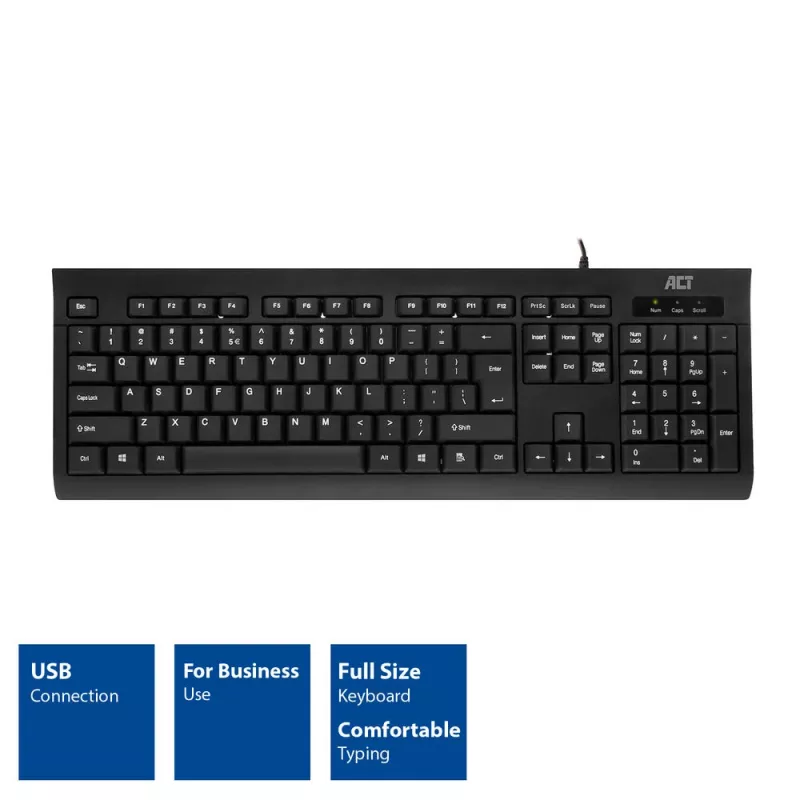ACT äriklaviatuur USB (Qwerty/US-paigutus), täissuuruses (100%), juhtmega, USB, membraan, QWERTY, must