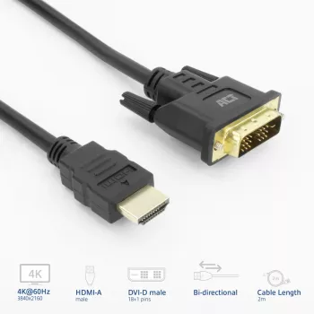 ACT AK3735 videokaabli adapter 2 m HDMI tüüp A (standard) DVI-D must