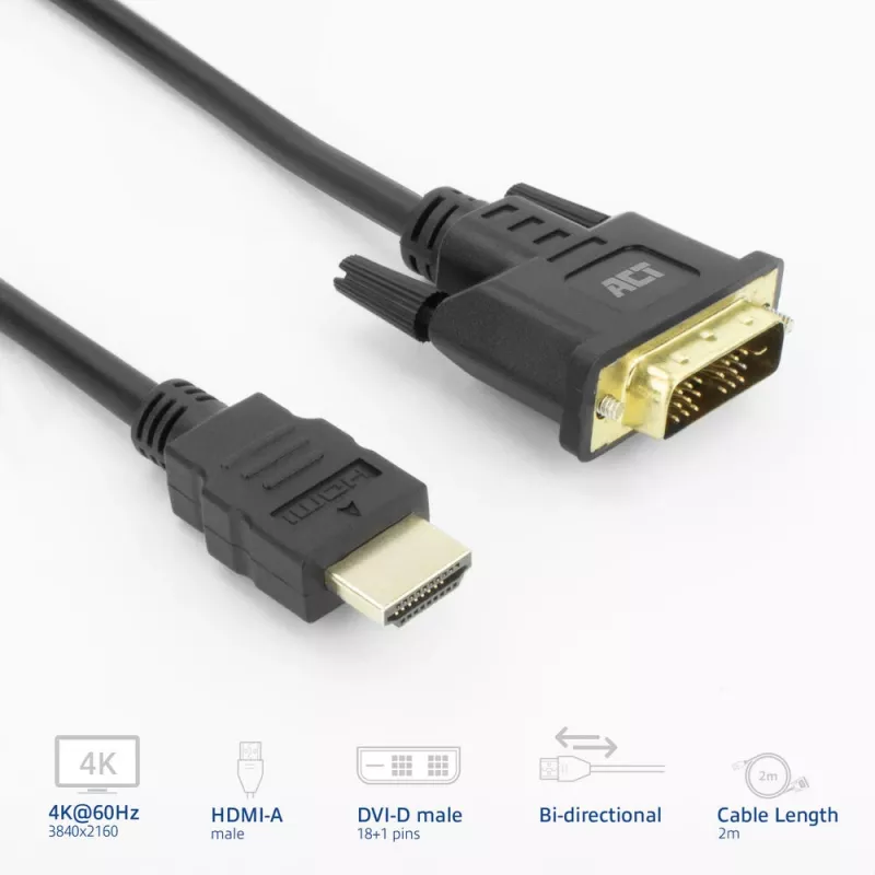ACT AK3735 videokaabli adapter 2 m HDMI tüüp A (standard) DVI-D must