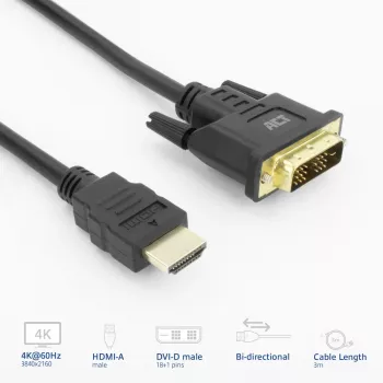 ACT AK3736 videokaabli adapter 3 m HDMI Type A (Standard) DVI-D must