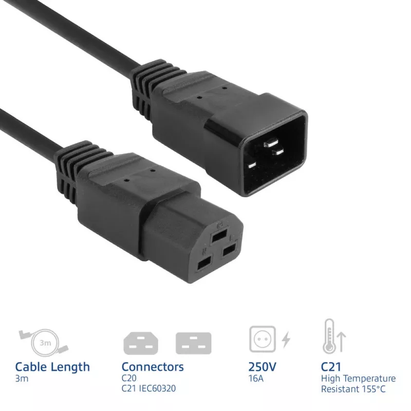 Toitekaabel ACT C20–C21 IEC60320 must 3 m, 16 A, 250 V