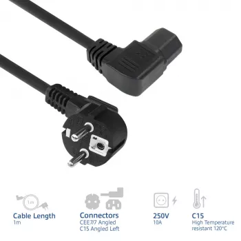 ACT Powercord toitejuhe pistikuga CEE7/7 isane (nurgaga) - C15 (vasakule nurgaga) IEC60320 must 1 m