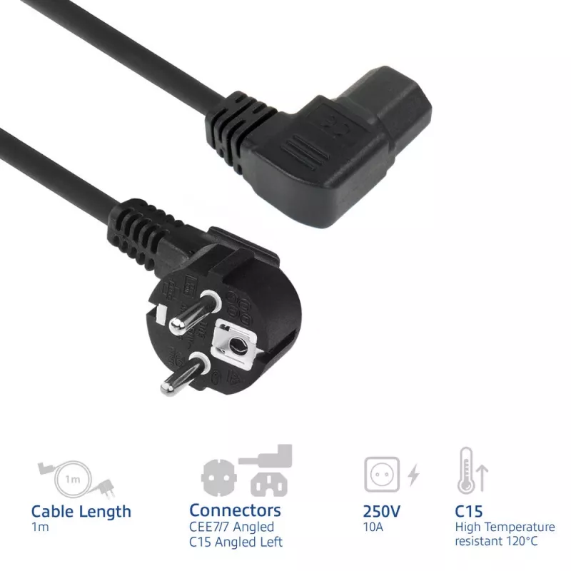 ACT Powercord toitejuhe pistikuga CEE7/7 isane (nurgaga) - C15 (vasakule nurgaga) IEC60320 must 1 m