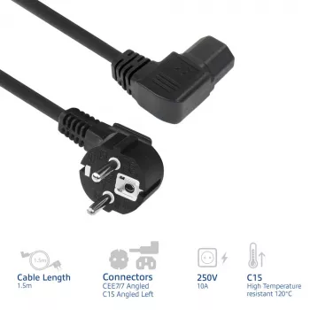 ACT toitejuhe võrgupistik CEE7/7 isane (nurgaga) - C15 (nurgaga vasakul) IEC60320 must 1,5 m