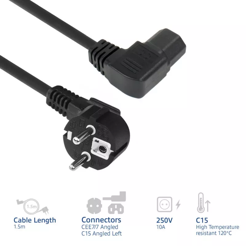ACT toitejuhe võrgupistik CEE7/7 isane (nurgaga) - C15 (nurgaga vasakul) IEC60320 must 1,5 m