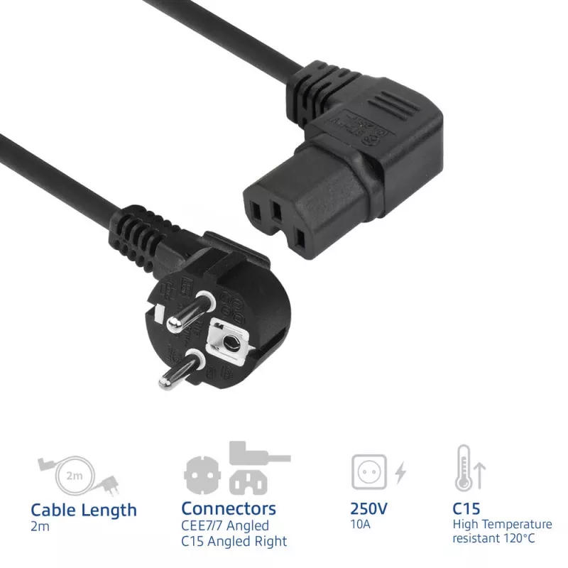 ACT toitejuhe võrgupistik CEE 7/7 isane (nurgaga) - C15 (nurgaga paremale) IEC60320 must 2 m