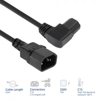 ACT toitejuhe C14 - C15 (nurgaga vasakule) IEC60320 must 0,6 m