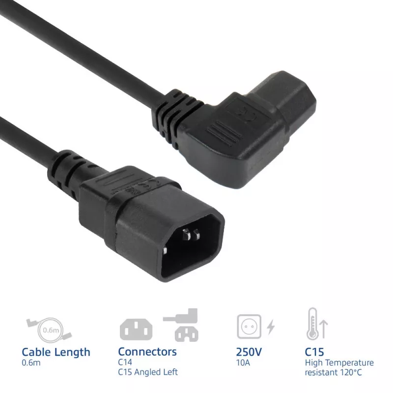 ACT toitejuhe C14 - C15 (nurgaga vasakule) IEC60320 must 0,6 m