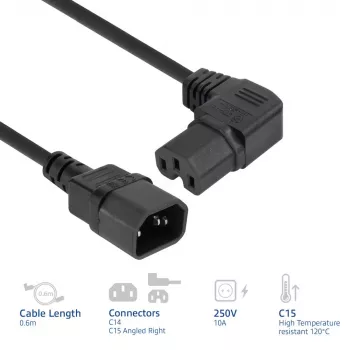 ACT toitejuhe C14 – C15 (paremale nurga all) IEC60320 must 0,6 m