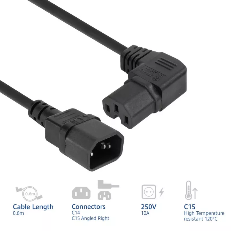 ACT toitejuhe C14 – C15 (paremale nurga all) IEC60320 must 0,6 m