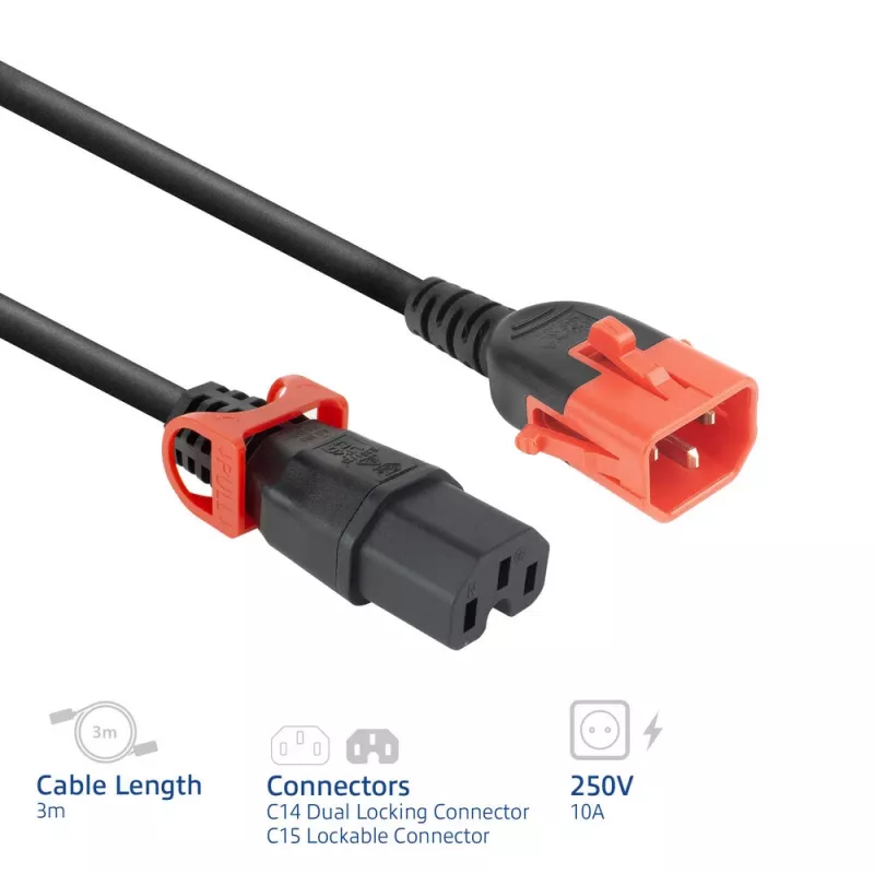 ACT toitejuhe C14 IEC Lock+ Dual Locking - C15 IEC Lock+ must 3 m, PC3876