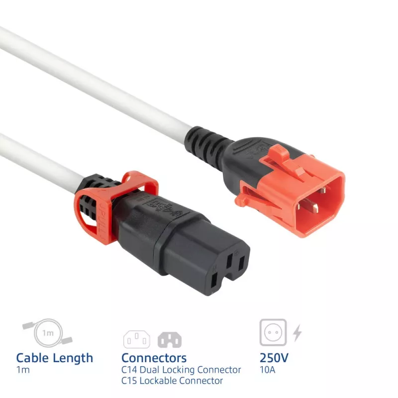 ACT toitejuhe C14 IEC Lock+ Dual Locking - C15 IEC Lock+ valge 1 m, PC3871