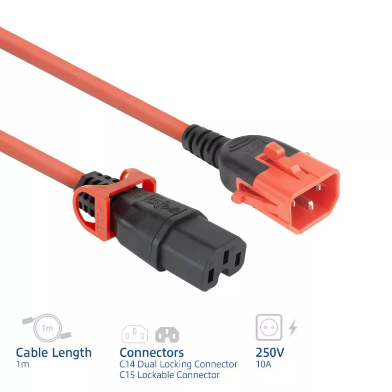 ACT toitejuhe C14 IEC Lock+ Dual Locking - C15 IEC Lock+ punane 1 m, PC3869