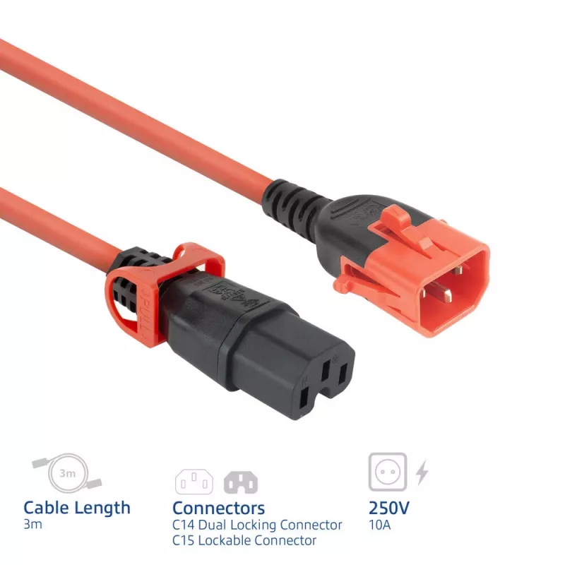 Toitejuhe ACT C14 IEC Lock+ Dual Locking kuni C15 IEC Lock+ punane, 3 m, 250V 10A