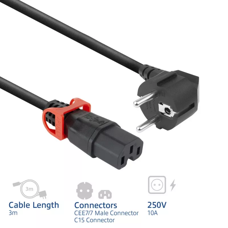 Toitejuhe ACT CEE 7/7 (nurk) IEC C15 Lock+ must, 3 m, 10 A, 250 V