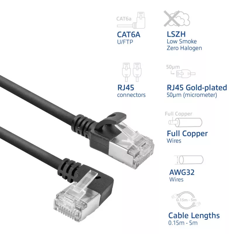 ACT Must 2 m U/FTP CAT6A LSZH üliõhuke patch-kaabel, RJ45-pistikud 90° vasakule nurga all sirgele
