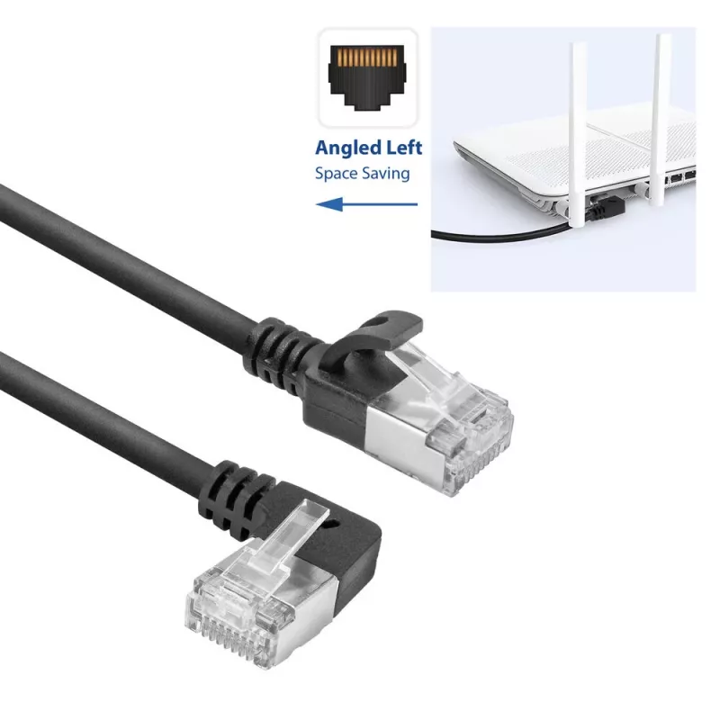 ACT Must 2 m U/FTP CAT6A LSZH üliõhuke patch-kaabel, RJ45-pistikud 90° vasakule nurga all sirgele