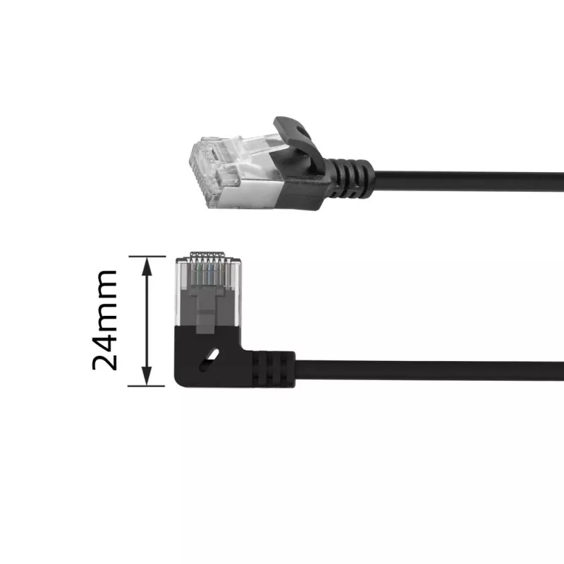 ACT Must 2 m U/FTP CAT6A LSZH üliõhuke patch-kaabel, RJ45-pistikud 90° vasakule nurga all sirgele