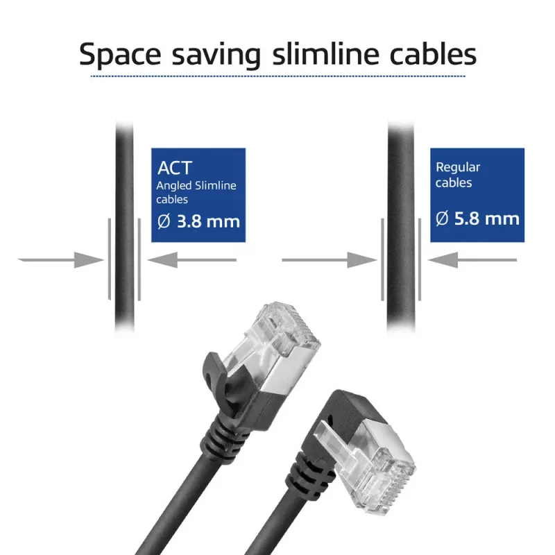 ACT Must 2 m U/FTP CAT6A LSZH üliõhuke patch-kaabel, RJ45-pistikud 90° vasakule nurga all sirgele