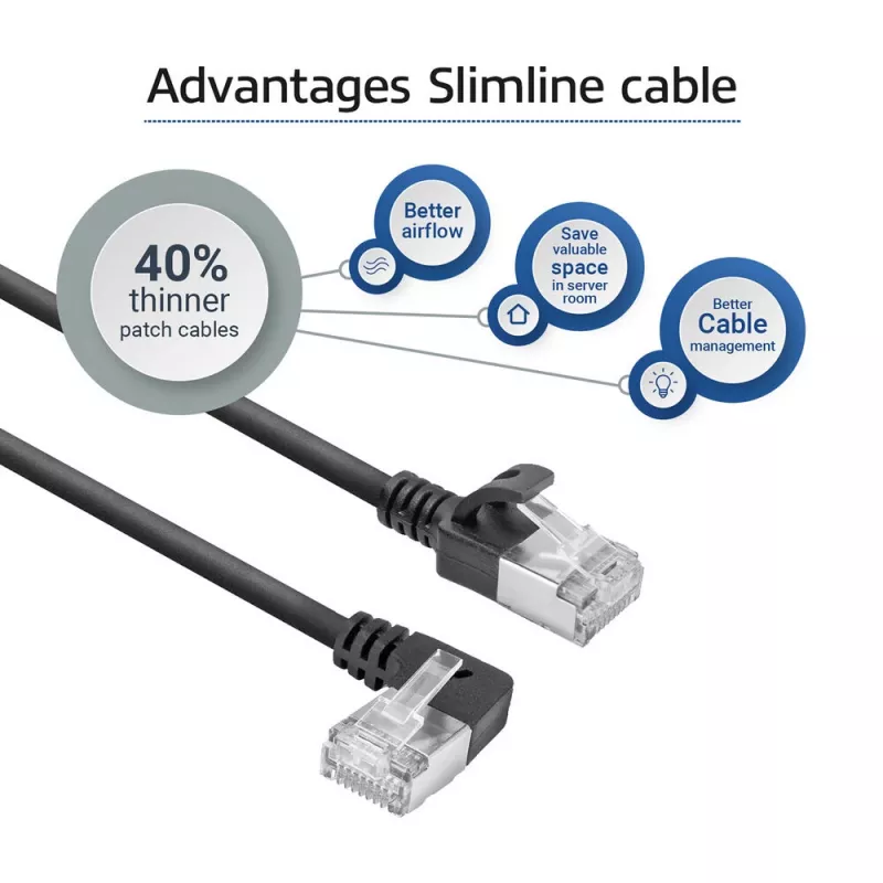 ACT Must 2 m U/FTP CAT6A LSZH üliõhuke patch-kaabel, RJ45-pistikud 90° vasakule nurga all sirgele