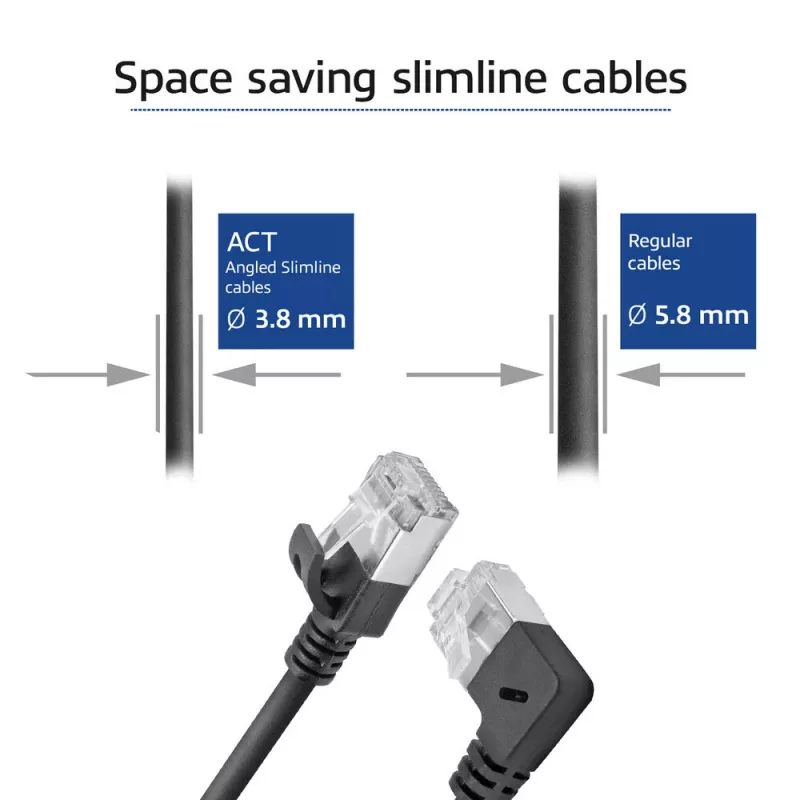 ACT must 1 m U/FTP CAT6A LSZH õhukese profiiliga patch-kaabel, RJ45 90° nurga all paremale / sirge