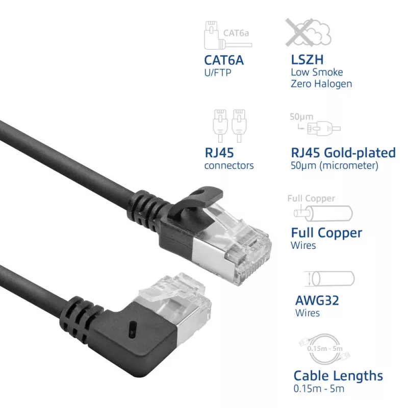 ACT must 5 m U/FTP CAT6A LSZH õhuke ühenduskaabel, RJ45-pistikud 90° paremale nurga all otse