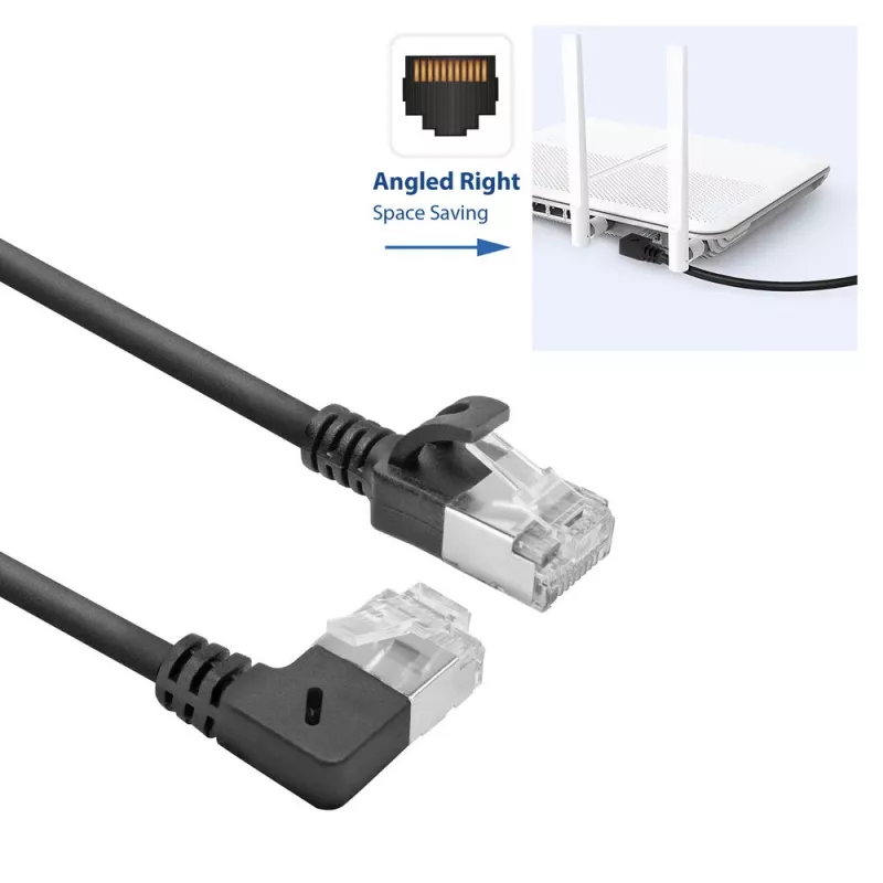 ACT must 1,5 m U/FTP CAT6A LSZH õhuke patch-kaabel RJ45-pistikutega, 90° nurga all paremale ja sirge