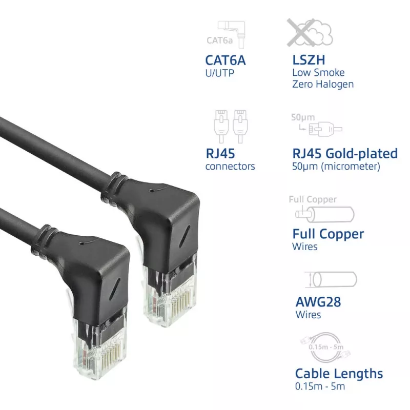 ACT must 2 m U/UTP CAT6A LSZH õhuke patch-kaabel, RJ45 pistikutega 90° allapoole – 90° allapoole