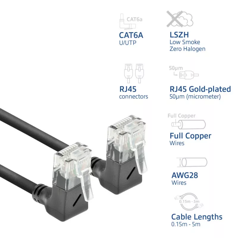 ACT must 5 meetrit U/UTP CAT6A LSZH õhuke ühenduskaabel RJ45 pistikutega 90° nurga all üles kuni 90° nurga all üles