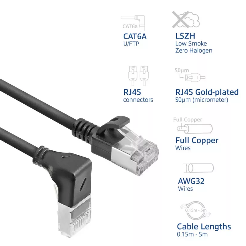ACT must 2 m U/FTP CAT6A LSZH õhuke patch-kaabel RJ45-pistikutega 90° allanurgaga otse