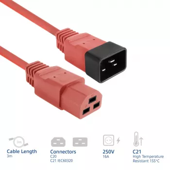Toitejuhe ACT C20–C21 IEC60320 punane 3 m, 16 A, 250 V
