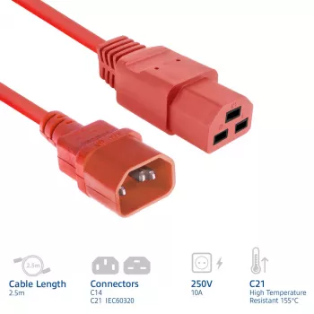 Toitejuhe ACT C14 kuni C21 IEC60320 punane 2,5 m, 250 V 10 A