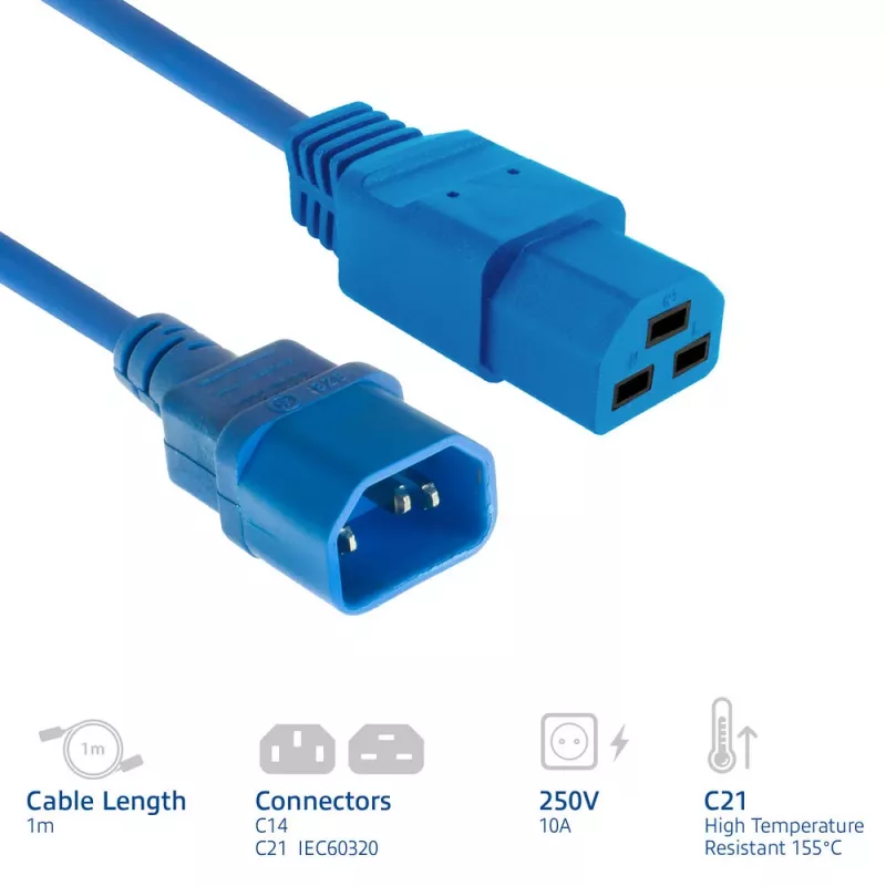Powercord ACT C14 kuni C21 IEC60320 sinine 1 m, 250 V 10 A