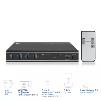 KVM-lüliti ACT 2-pordiline USB-C/HDMI 4K@60Hz AC7922 USB-klaviatuuri/hiire, HDMI-video, 100W PD-ga