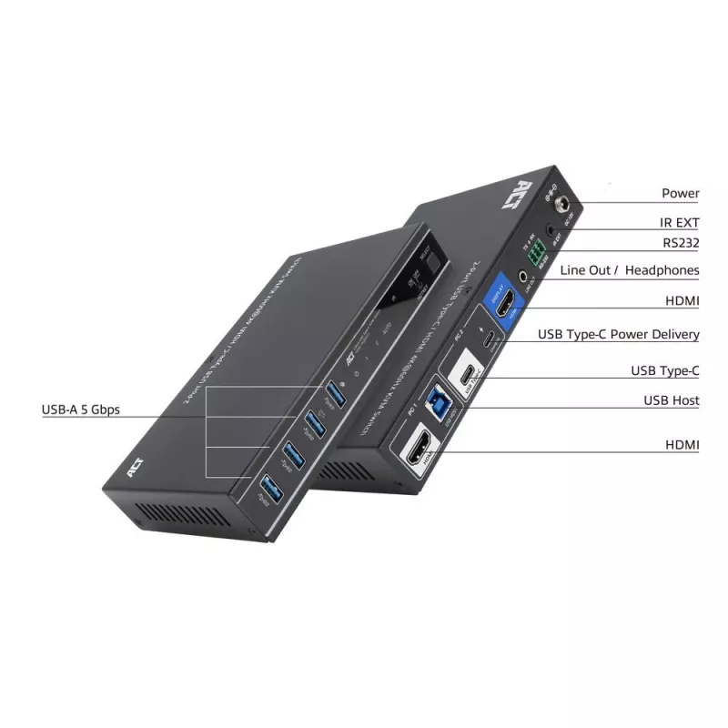 KVM-lüliti ACT 2-pordiline USB-C/HDMI 4K@60Hz AC7922 USB-klaviatuuri/hiire, HDMI-video, 100W PD-ga