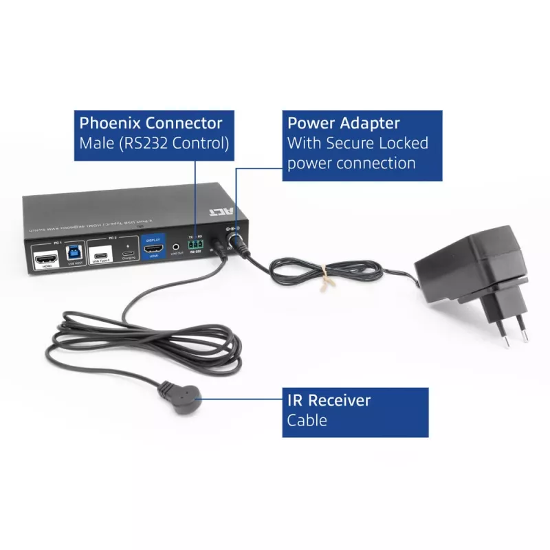 KVM-lüliti ACT 2-pordiline USB-C/HDMI 4K@60Hz AC7922 USB-klaviatuuri/hiire, HDMI-video, 100W PD-ga