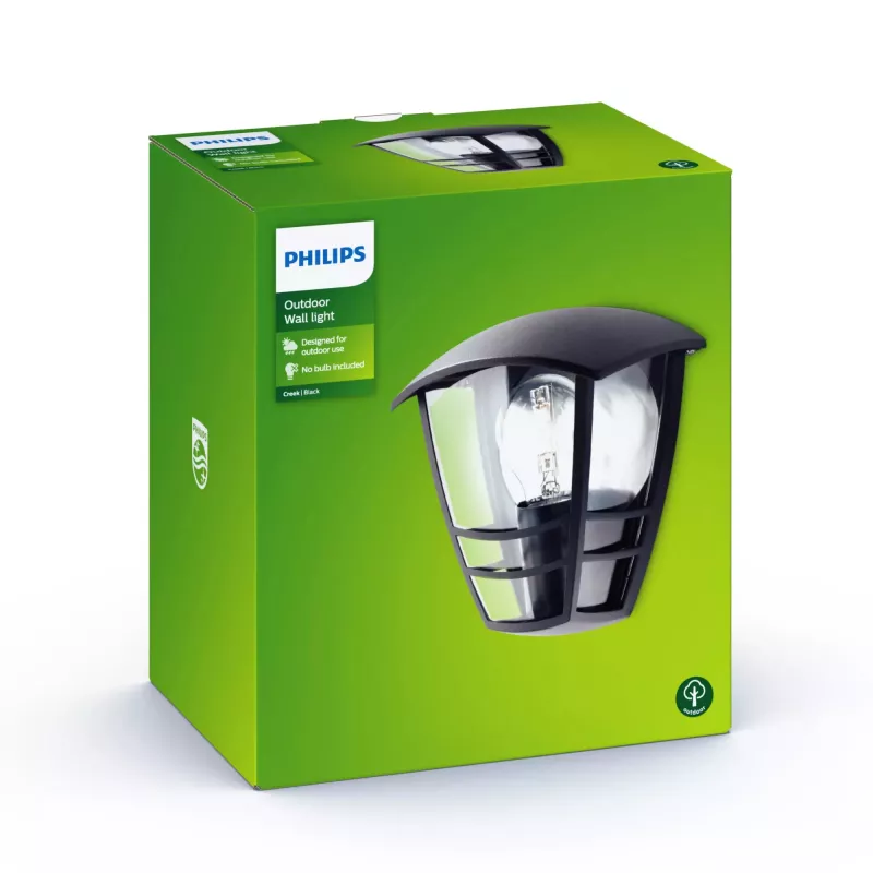 Philips myGarden Creek seinavalgusti 60 W E27, ilma pirnita, välisseinavalgustus, must, metall, IP44, aed, terrass, II
