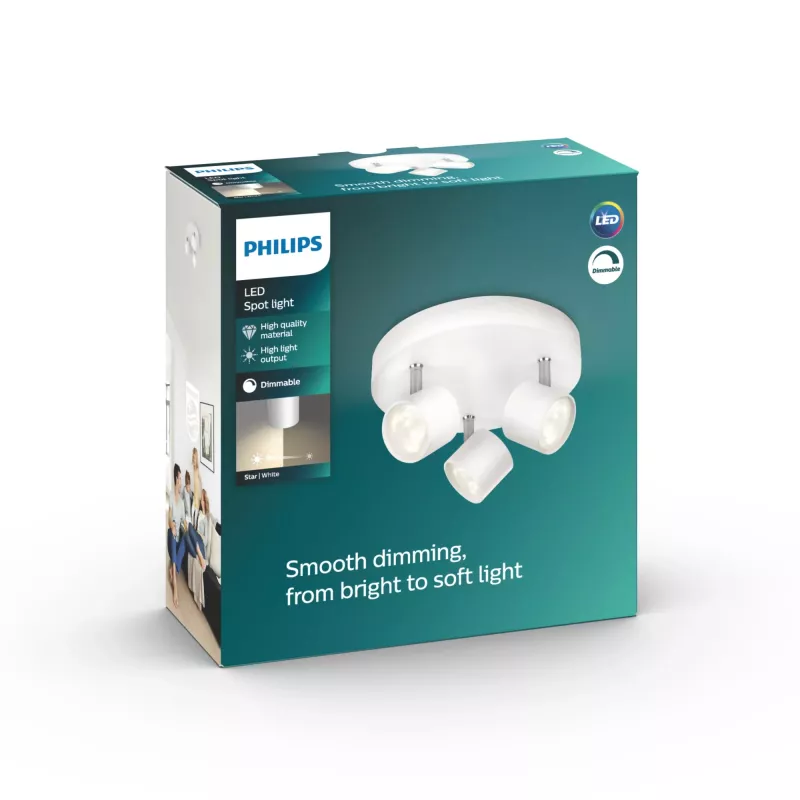 Lae-/seina prožektor Philips Tuhmistatav LED Star 3x 16,5 W, 2700 K, 1500 lm, IP20, valge