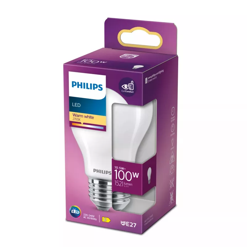 LED hõõgniidiga lamp Philips A60 E27 10,5 W (ekvivalent 100 W), 1521 lm, 2700 K, mattklaasiga, 15 000 h