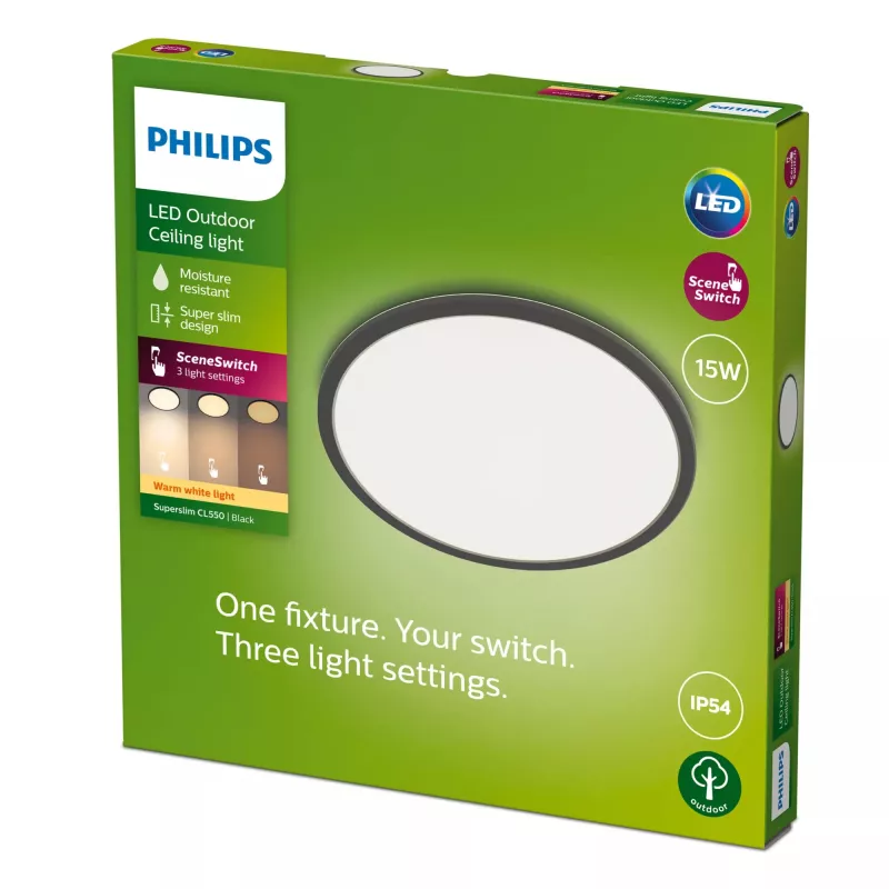 Philips Superslim laelamp 15 W, must, metall, plastik, IP54, terrass, aed, II, kaasaegne