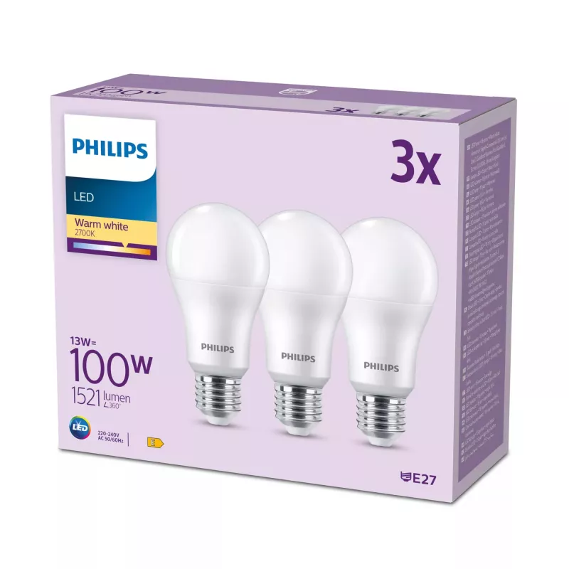 Philips Bulb 100W A65 E27 x3, 13 W, 100 W, E27, 1521 lm, 15000 h, soe valge