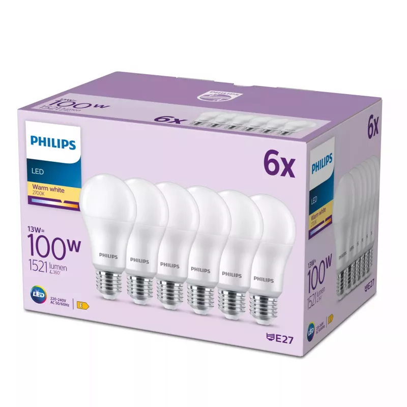 Philips Bulb 100W A65 E27 x6, 13 W, 100 W, E27, 1521 lm, 15000 h, soe valge